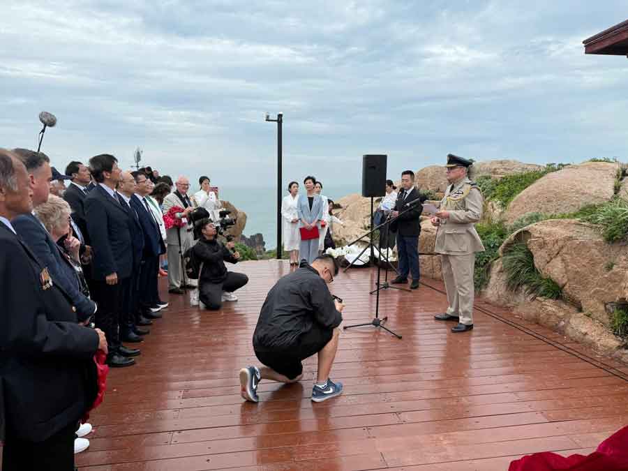 The British Defence Attaché in Beijing, Air Commodore Dom Stamp, addressing the attendees at the unveiling of the memorial on Qingbang Island, South East of Shanghai, on 20th May 2025 to the Dongji fishermen who rescued hundreds of POWs from the sinking of the Lisbon Maru and prevented a total massacre. Photograph courtesy of Kent Shum.