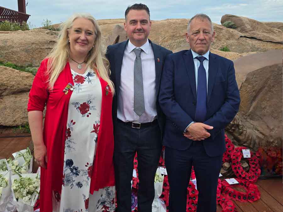 Three members of LiMMA (Lisbon Maru Memorial Association) Jean Clements, Anthony Jones & Gerry Borge at the unveiling of the Zhoushan memorial on 20th May 2025 to commemorate the fishermen who rescued hundreds of POWs from the sinking of the Lisbon Maru in 1942. Photograph courtesy of Jean Clements.