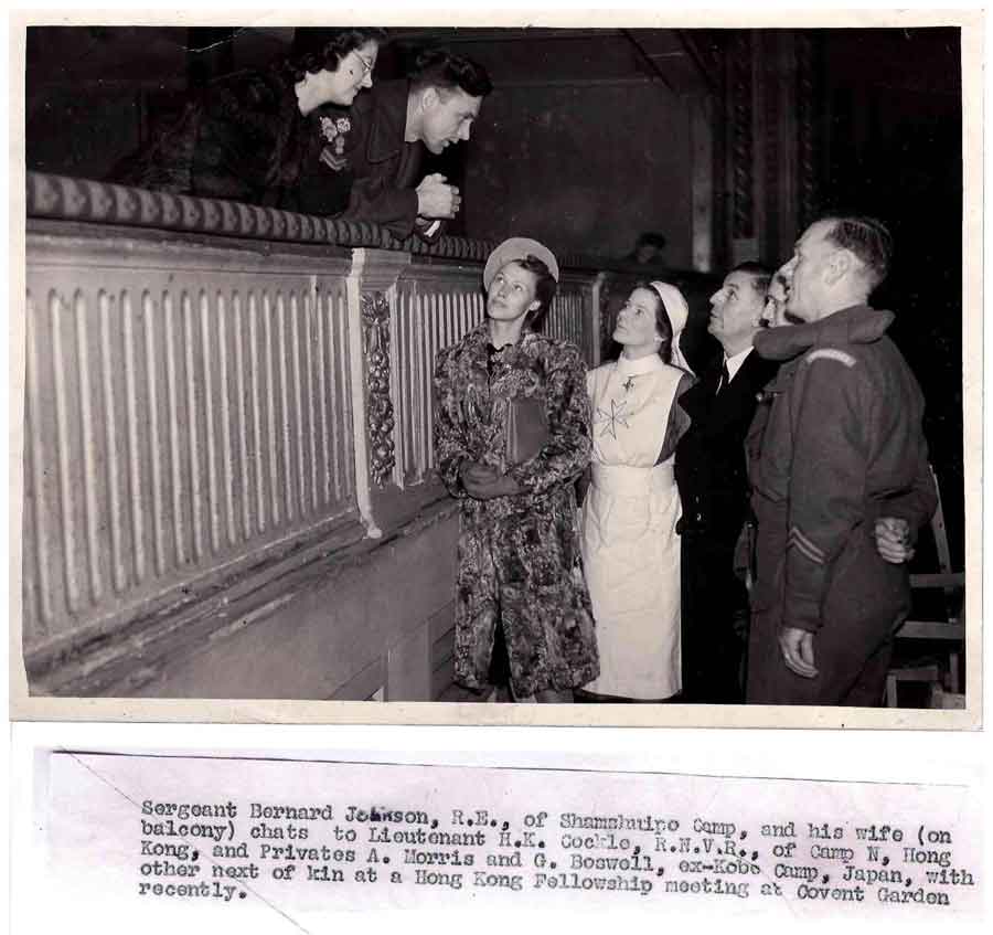 Albert Morris at Honh Kong Fellowship Meeting Covent Garden along with Sgt Bernard Johnson, Lt H.K.Cockle R.N.V.R. Pte G. Boswell