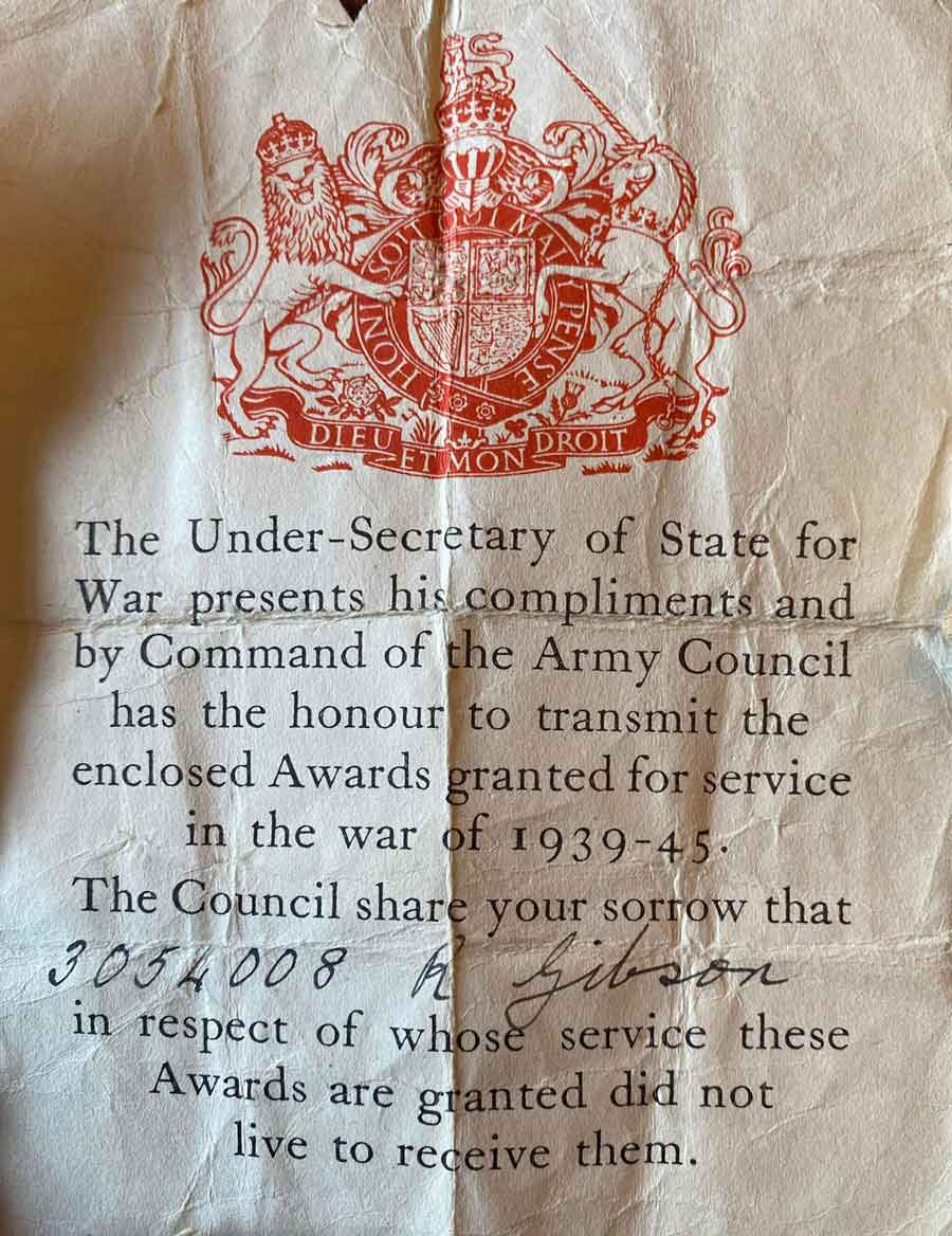 Letter from the Under Secretary of State for War accompanying the medals for Richard Gibson who died during the sinking of the Lisbon Maru