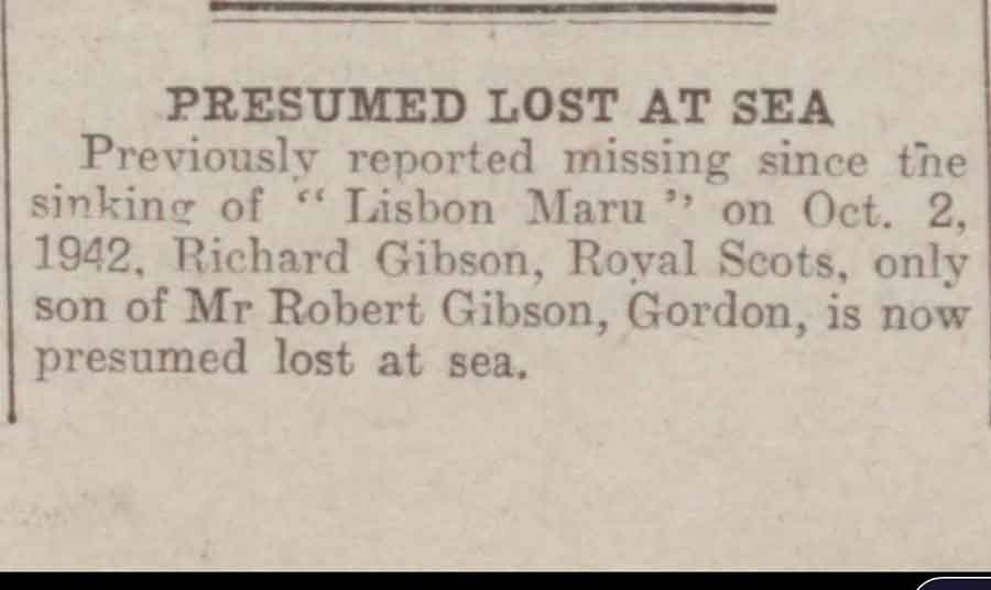Newspaper cutting reporting Richard Gibson missing presumed lost at sea after the sinking of the Lisbon Maru