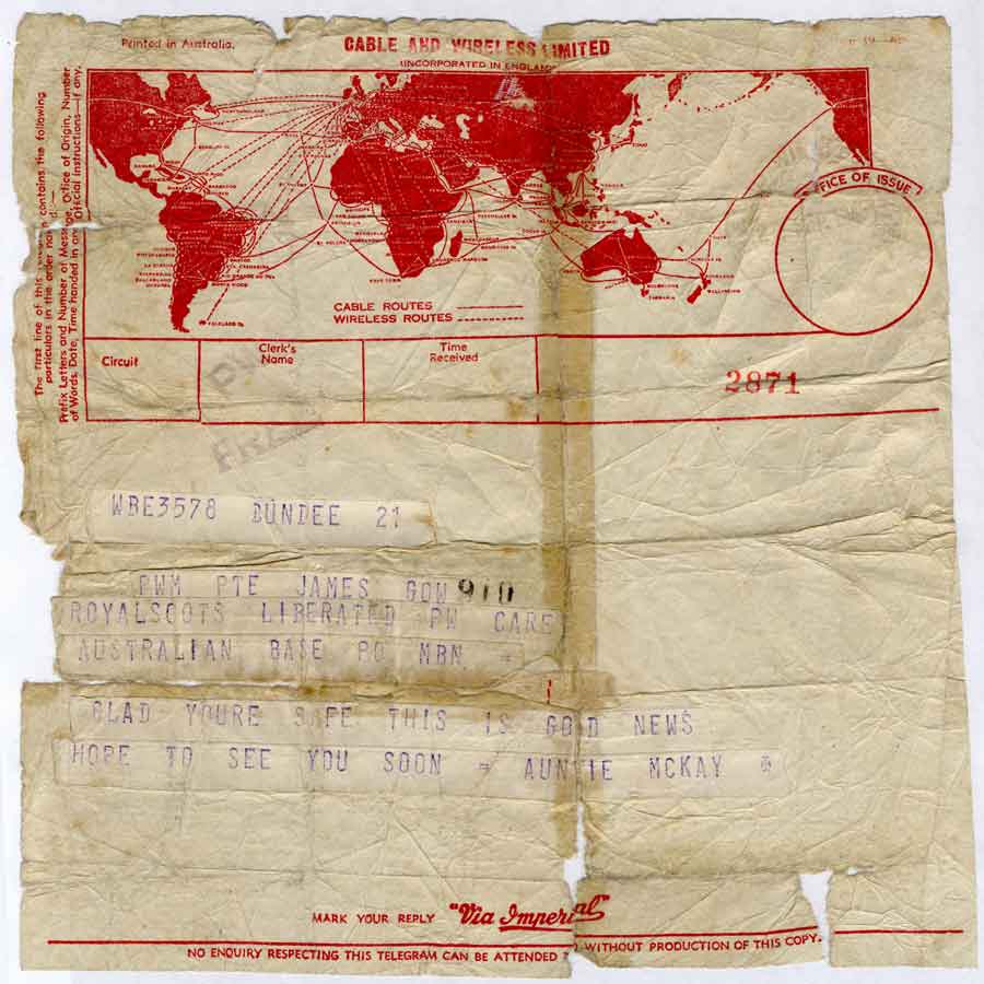 Telegram sent to James Gow survivor of the sinking of the Lisbon Maru and Far East Prisoner of War (FEPOW)