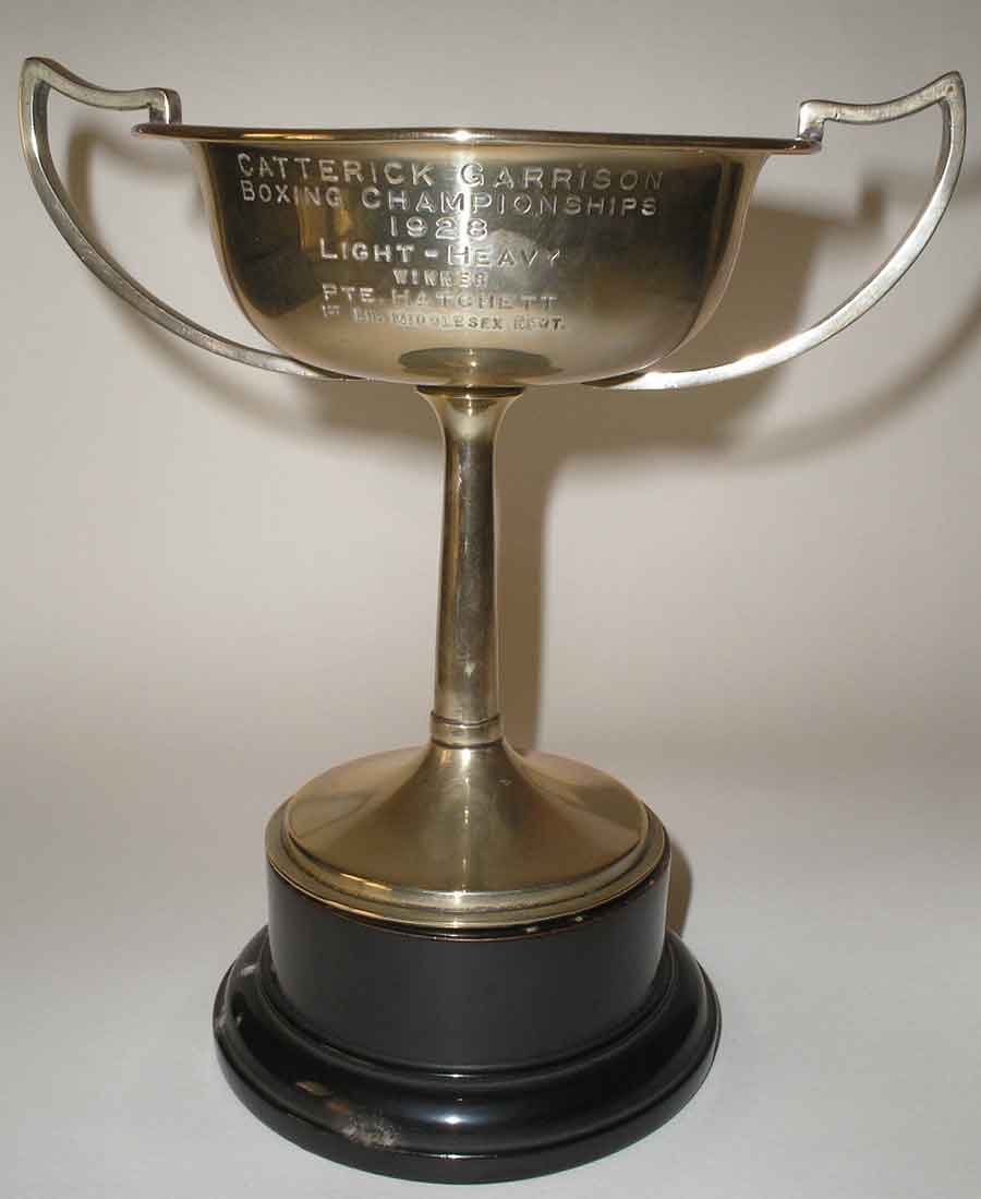 Cup won by Percy John Hatchett for the Light-Heavy Boxing Championships 1928 at the Catterick Garrison, 1st Battalion Middlesex 