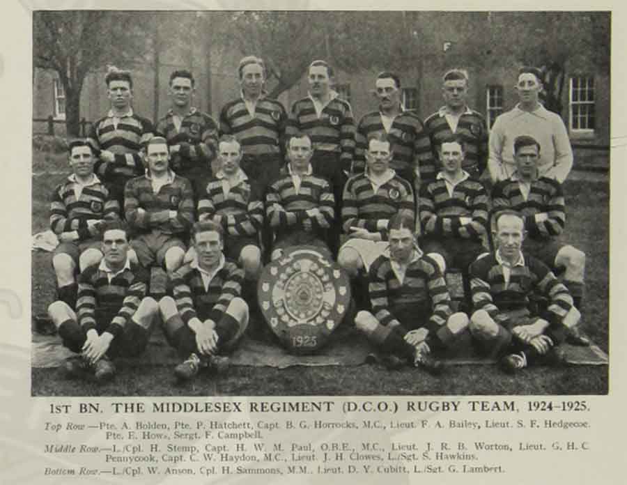 1st Battalion Middlesex rugby team 1924-25 including Percy John Hatchett, lost in the sinking of the Lisbon Maru.