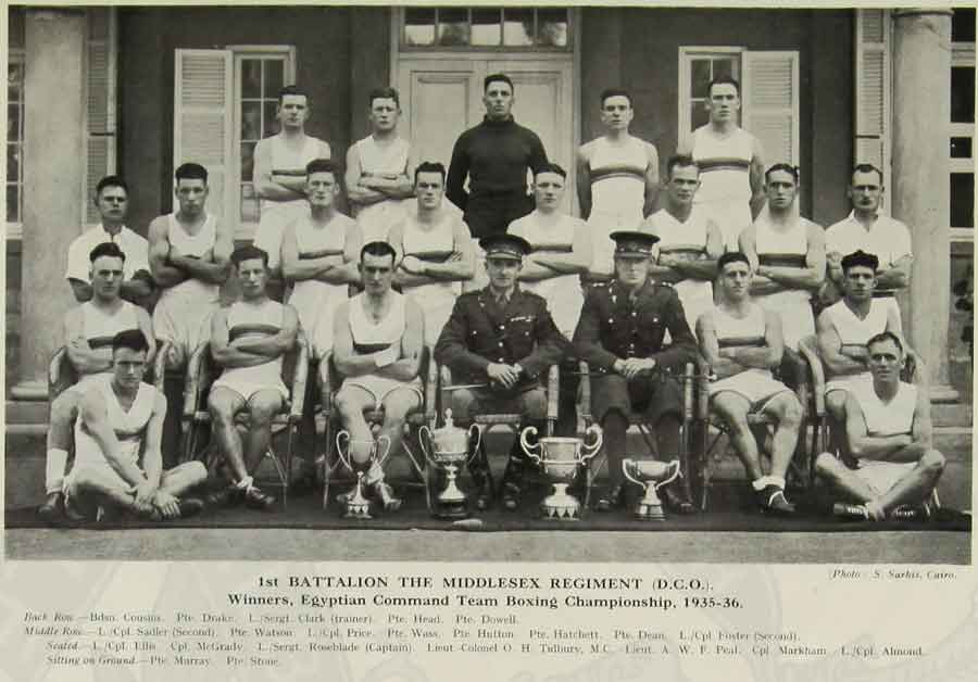 1st Battalion Middlesex Egyption Command boxing team 1935-36  including Percy John Hatchett, lost in the sinking of the Lisbon Maru.