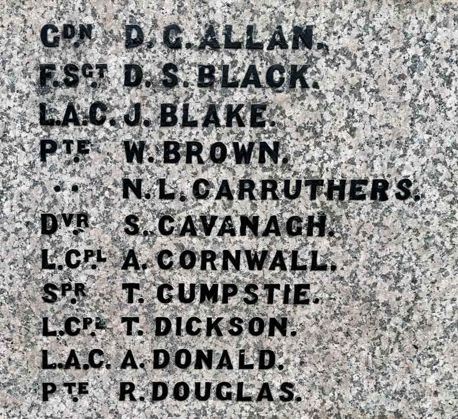 Section of the Dalkeith War Memorial showing the commemoration of Private Andrew Cornwall of the 2nd Battalion Royal Scots lost in the sinking of the Lisbon Maru. Unfortunately no image of Andrew Cornwall is currently available.