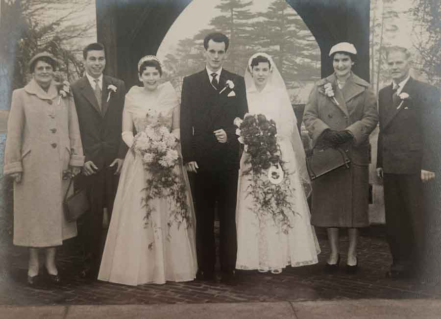 Elsie Daisy Russell, wife of Thomas Russell, on the far left. Michael Thomas Russell (son of Thomas and Elsie) Pauline Russell, both in the middle, on their wedding day in 1957. Thomas Russell was lost on the Lisbon Maru