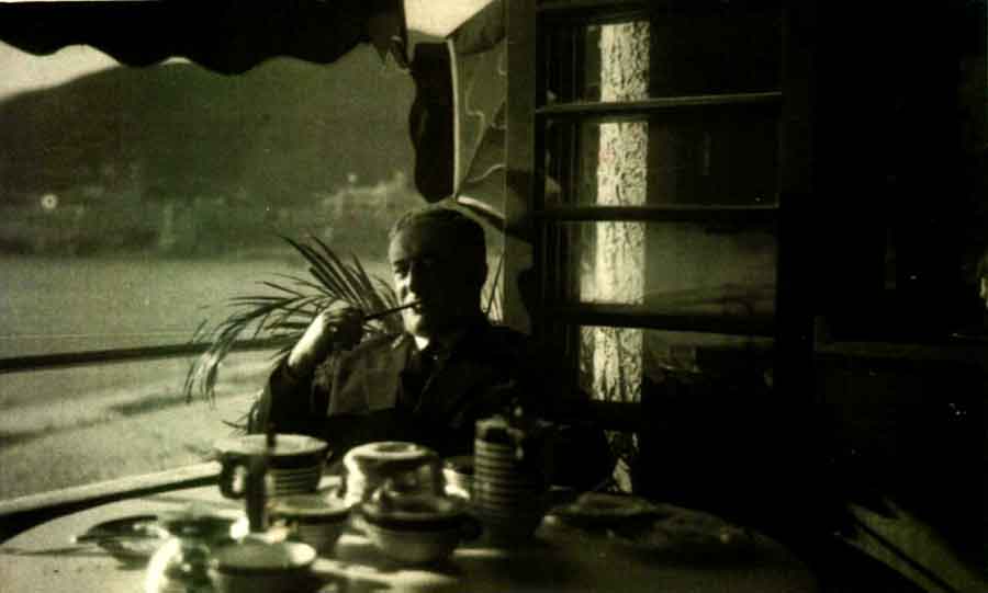 Chief Petty Officer Writer Frederick William Johnson relaxing with his pipe at Hong Kong harbour date unknown. Frederick was lost in the sinking of the Lisbon Maru.