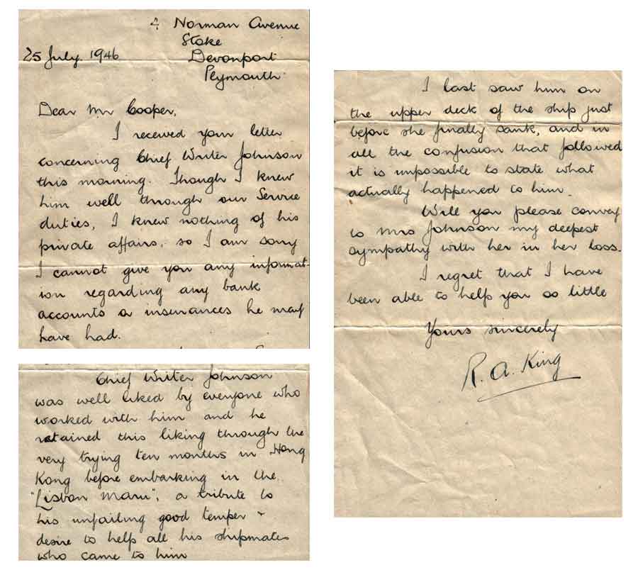 Portions of a letter written by Chief Petty Officer Writer Reginald Arthur King regarding Chief Petty Officer Writer Frederick William Johnson who was lost in the sinking of the Lisbon Maru.