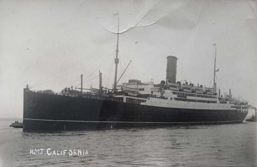HMT California. Reverse of this image reads: 1936 March 7 The boat John [Douglas Haig Weaver] sailed on to Singapore on his 18th birthday.