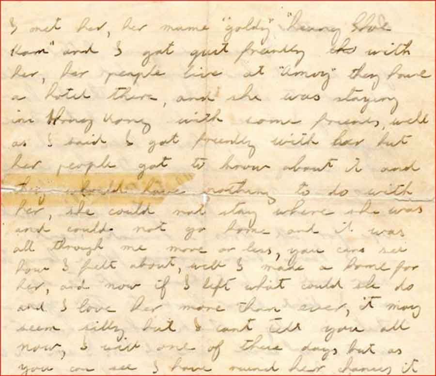 Letter sent to his mother by John Douglas Haig Weaver telling her about Leung Sou Kam or Goldie, as he nicknamed her. John was lost in the sinking of the Lisbon Maru.