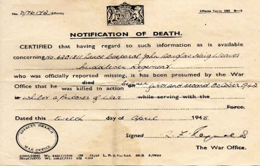 Notification of death of John Douglas Haig Weaver, lost in the sinking of the Lisbon Maru