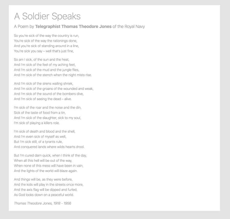A soldier speaks (image) , a poem by Thomas Theodore Jones