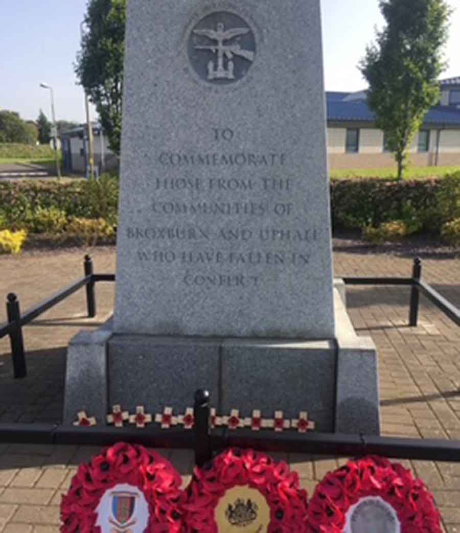 The memorial outside Strathbrock Centre, Broxburn bearing the name of Maurice Kelly of the 2nd Battalion Royal Scots. Maurice was lost in the sinking of the Lisbon Maru.