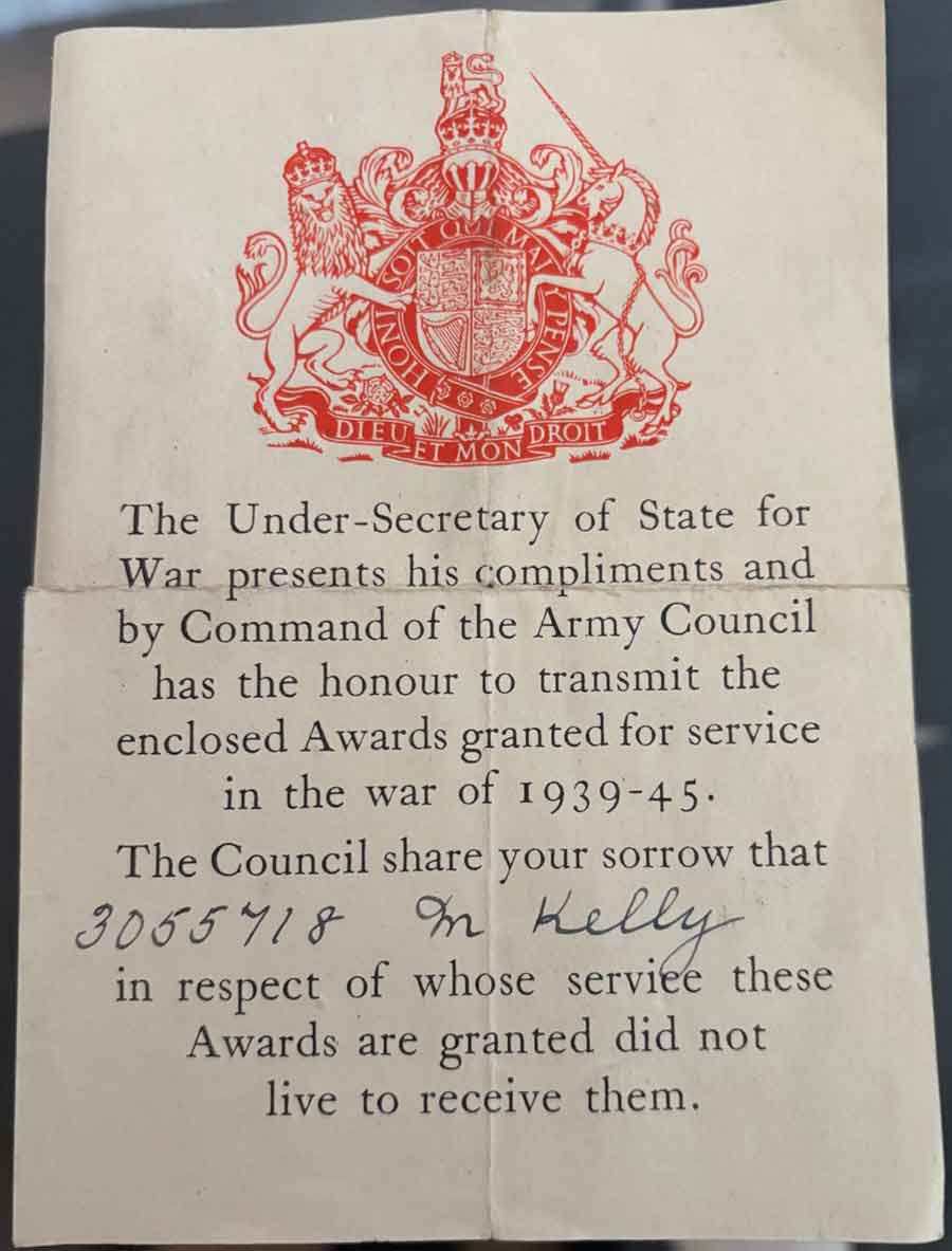 Note accompanying the medals of Maurice Kelly. Maurice was lost in the sinking of the Lisbon Maru