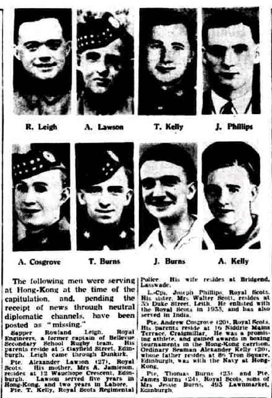 Newspaper cutting reporting 8 men as missing following the fall of Hong Kong including Thomas McDermid Burns. Also shown are Private Alexander Brown Lawson, Private Thomas Turnbull Kelly & Lance Corporal Joseph Phillips all of whom were embarked on the Lisbon Maru plus Private James Burns (brother of Thomas), Sapper Rowland Kelly, Private Andrew Cosgrove and Ordinary Seaman Alexander Kelly.