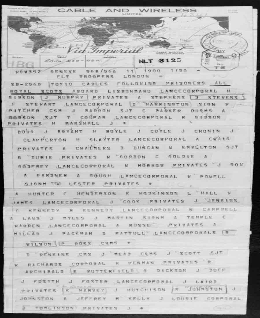 Telegram listing the men of the Royal Scots aboard the Lisbon Maru - Charles Kennedy is listed as rank of Private in the 12th line from the bottom.