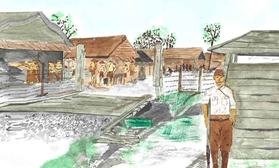 An artists impression of a typical Japanese POW camp. Painted by LiMMA member Paul Williams. 