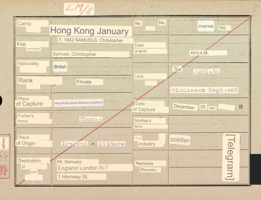 English translation of Prisoner of War index card for Private Christopher Samuels of the 1st Battalion of the Middlesex Regiment lost in the sinking of the Lisbon Maru