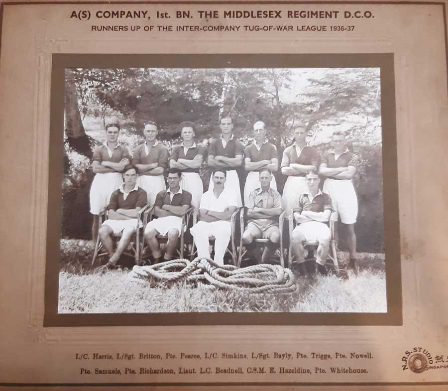 A Company 1st Battalion Middlesex Regiment Tug of War Team 1936-37 including Private Christopher Samuels lost in the sinking of the Lisbon Maru