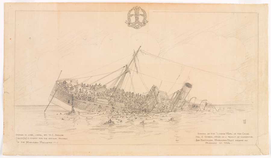 Drawing by Lieutenant WC Johnson of the sinking of the Lisbon Maru, presented to Captain Christopher Man while both were POWs in Kobe