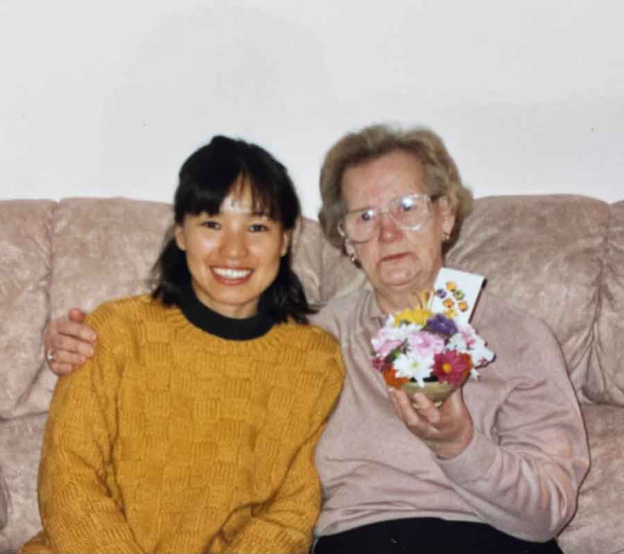 Lilian, Harvey Pressley’s widow with Eiko, Jean his daughter's Japanese friend. Harvey Pressley was lost in the sinking of the Lisbon Maru.
