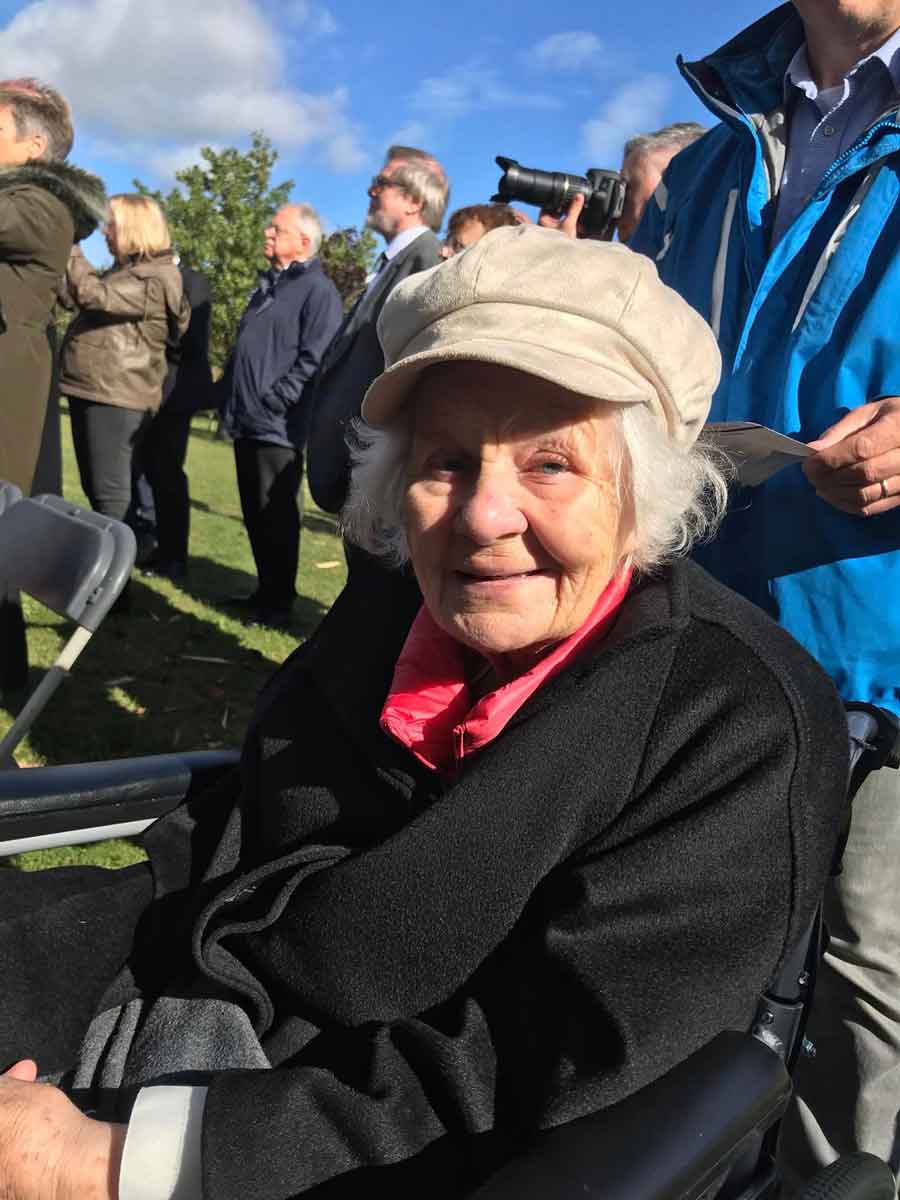 Jean Mead, Harvey Pressley's daughter at the unveiling of the Lisbon Maru Memorial at the National Memorial Arboretum in Alrewas near Lichfield, Stafforshire, England in 2021. Harvey Pressley was lost in the sinking of the Lisbon Maru.