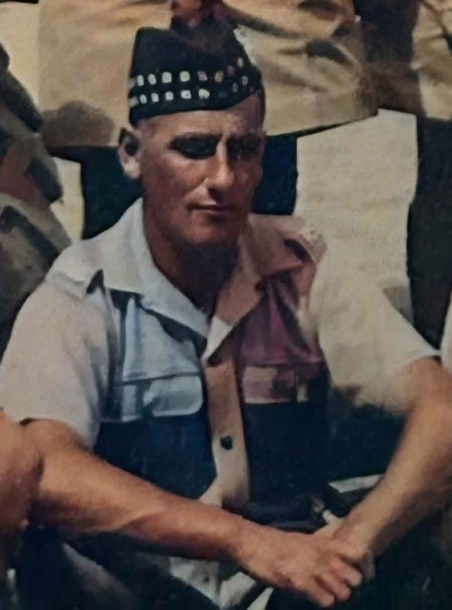 John Donnelly, who was lost on the Lisbon Maru. From a group photo of the Royal Scots 2nd Battalion in Hong Kong. Colorised by his niece Susan Donnelly.