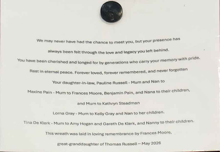 Detail of the message attached to the wreath commemorating Thomas Russell before being taken to Zhoushan in May 2026 by Frances Moore, great granddaughter of Thomas Russell