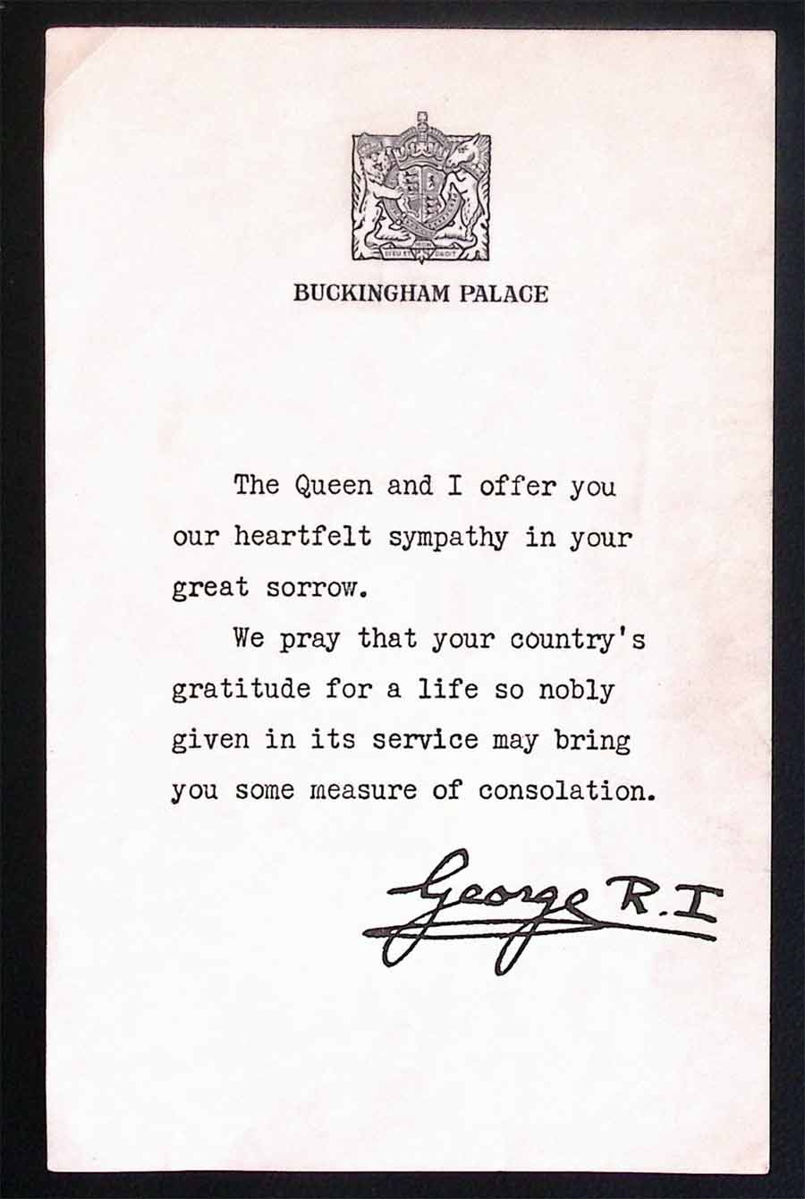 Letter of sympathy from King George VI to the family of Thomas William George Banham, survivor of the sinking of the Lisbon Maru but who died later while a POW.