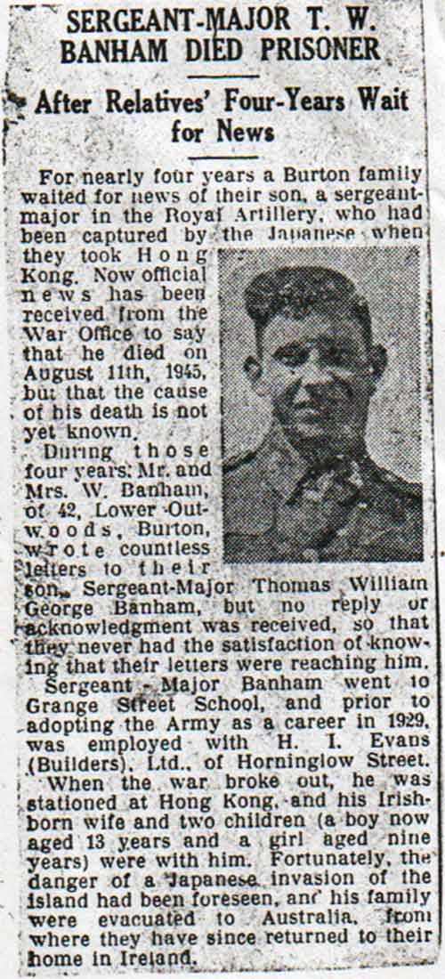 Newspaper article reporting the death of Thomas William George Banham, survivor of the Lisbon Maru but who died while still a Far East Prisoner of War just days before the surrender of Japan