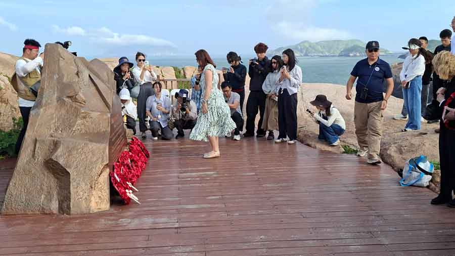 Frances Moore great granddaughter of Thomas Russell at the Chinese Memorial Qingbang Island, Dongji Town, Zhoushan, East China in May 2026. Thomas Russell was lost in the sinking of the Lisbon Maru.