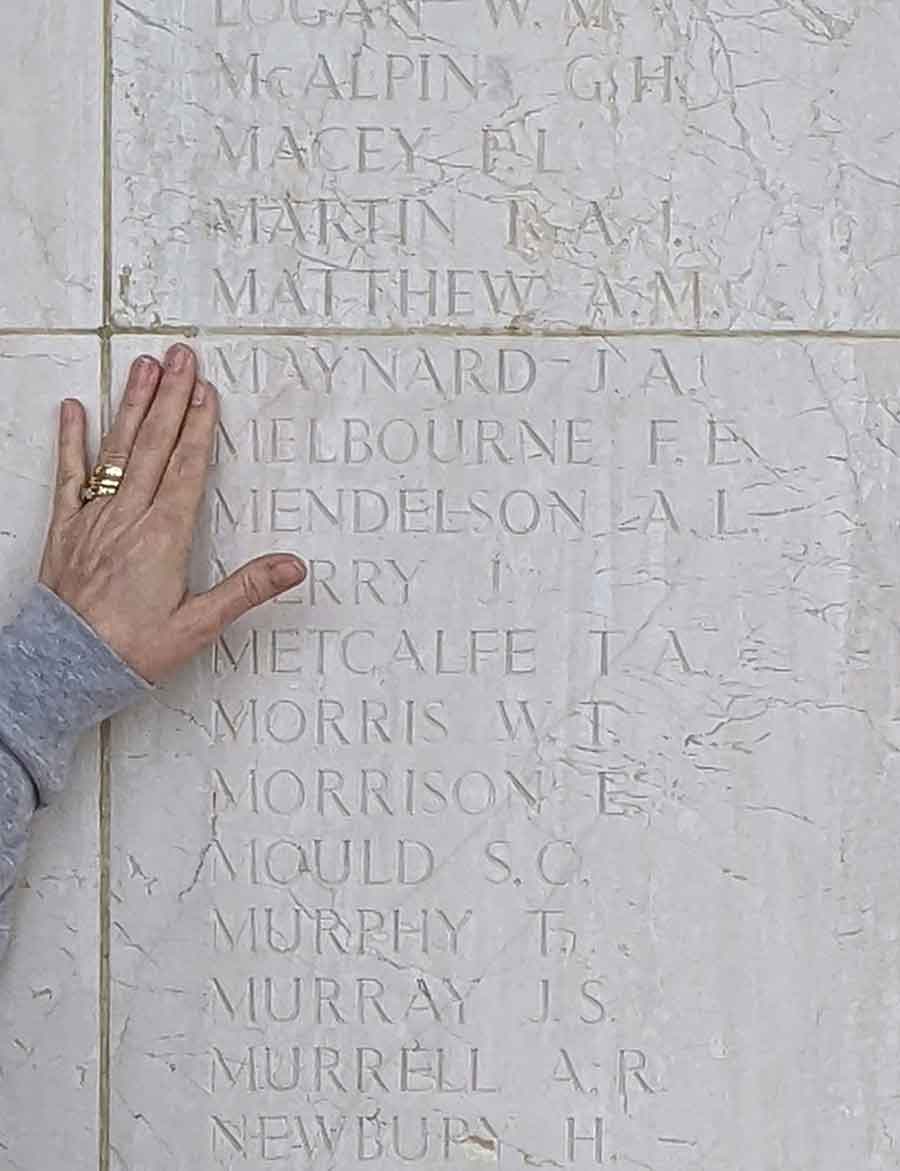 Private James Alfred Maynard's name inscribed on the Sai Wan Memorial.